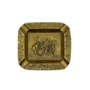 Unbranded Brass Ashtray Embossed Village Scene Floral Border Vintage Tobacciana
